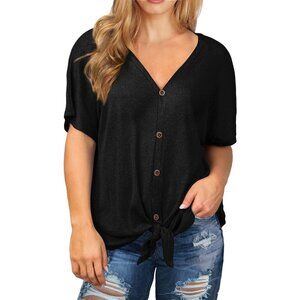 Plus Size Womens V Neck Waffle Knit Top Short Sleeve Button Front Tunic